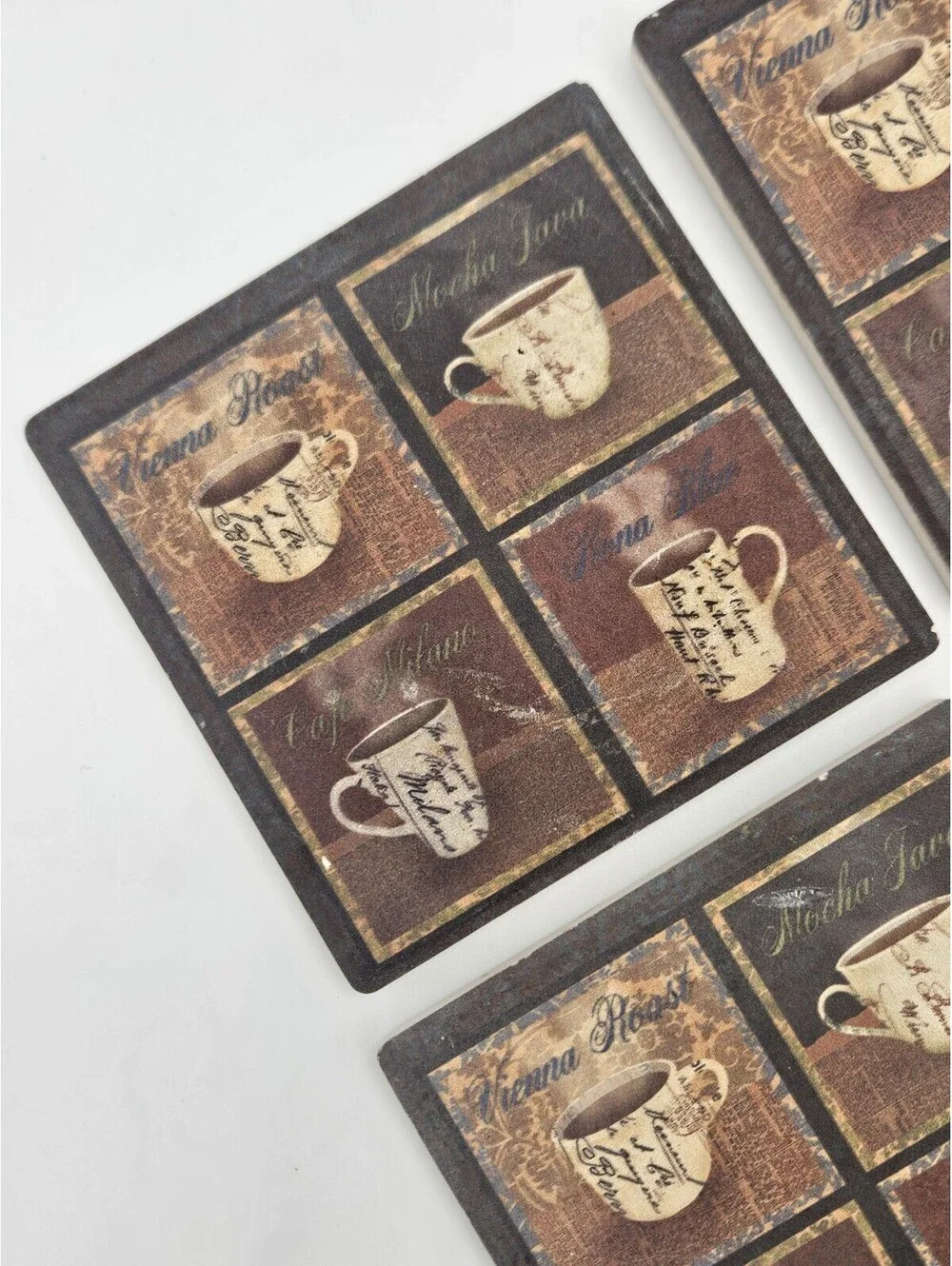 Set of 6 Square Ceramic & Cork Non-Slip Coasters, Coffee & Tea Pattern